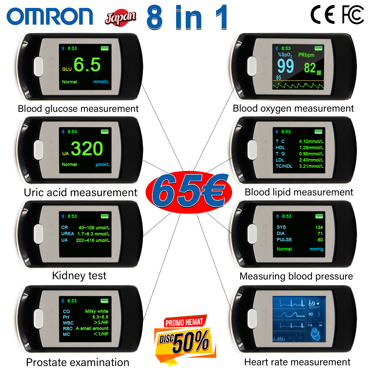 T04 (açúcar no sangue não invasivo + oxigénio no sangue não invasivo + ácido úrico não invasivo + frequência cardíaca não invasiva + pressão arterial não invasiva + exame cardiopulmonar + exame renal + exame da próstata + tratamento de açúcar no sangue a laser + ligação Bluetooth + ligação para o computador)