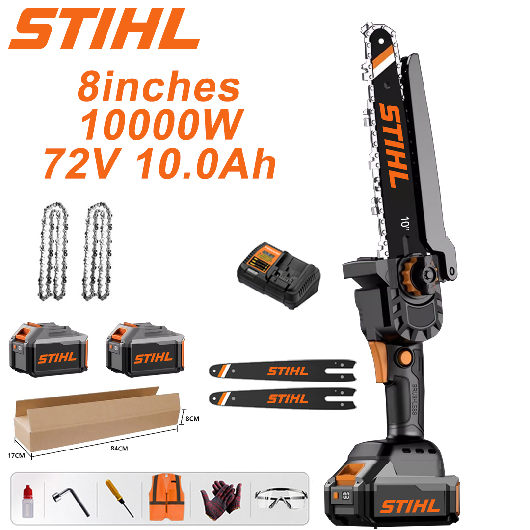 LED displej napájania (16-hodinová výdrž batérie) 8-palcová 10000 W bezuhlíková lítiová elektrická píla + 72 V 10,0 Ah batéria*2 + nabíjačka + vodiaca doska*2 + reťaz*2 + skrinka na náradie + mazivo + okuliare, záruka 10 rokov
