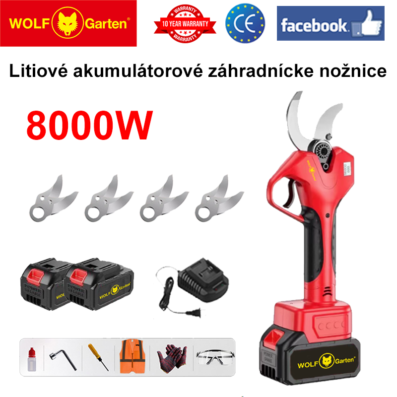 LED displej výkonu (30 hodín výdrže batérie) Záhradnícke nožnice vybavené 8000W bezuhlíkovou lítiovou batériou + batéria *2 + nabíjačka + čepeľ zo zliatiny SK9 *4 + mazivo + okuliare