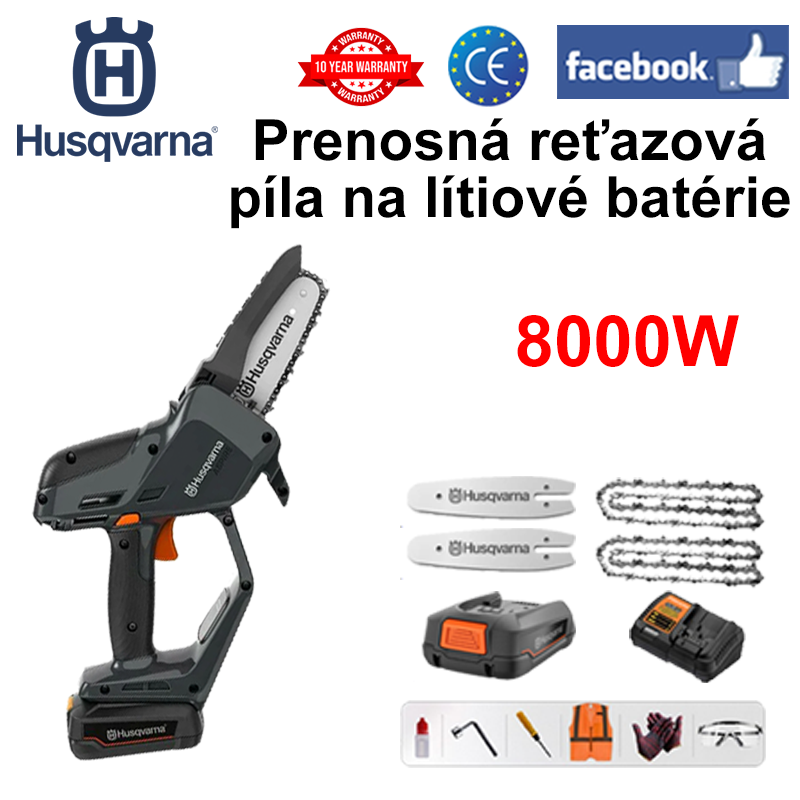 (10 hodín výdrže batérie) 8000W lítiová elektrická píla + batéria * 1 + nabíjačka + vodiaca doska * 2 + reťaz * 2 + skrinka na náradie + mazivo + ochrana okuliarov