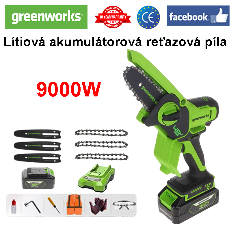 (10 hodín výdrže batérie) 9000W lítiová elektrická píla + batéria * 1 + nabíjačka + vodiaca doska * 3 + reťaz * 3 + skrinka na náradie + mazivo + ochrana okuliarov