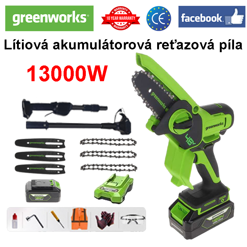 [Odnímateľná tyč*2] LED displej napájania - (10 hodín výdrže batérie) 13000W lítiová elektrická píla + batéria *1 + nabíjačka + vodiaca lišta *3 + reťaz *3 + skrinka na náradie + mazivo + okuliare, záruka 3 roky