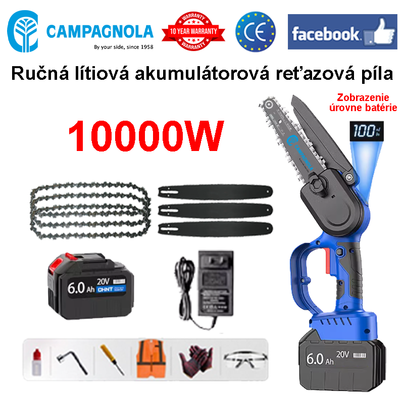 LED displej – (10-hodinová batéria) 10 000 W lítiová reťazová píla + batéria *1 + nabíjačka + vodiace lišty *3 + reťaze *3 + skrinka na náradie + mazivo + ochranné okuliare
