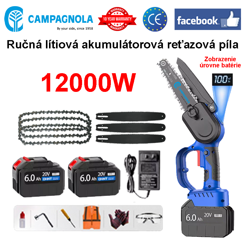 LED displej napájania – (16-hodinová batéria) 12000 W lítiová reťazová píla + batéria *2 + nabíjačka + vodiaca lišta *3 + reťaz *3 + skrinka na náradie + mazivo + ochranné okuliare