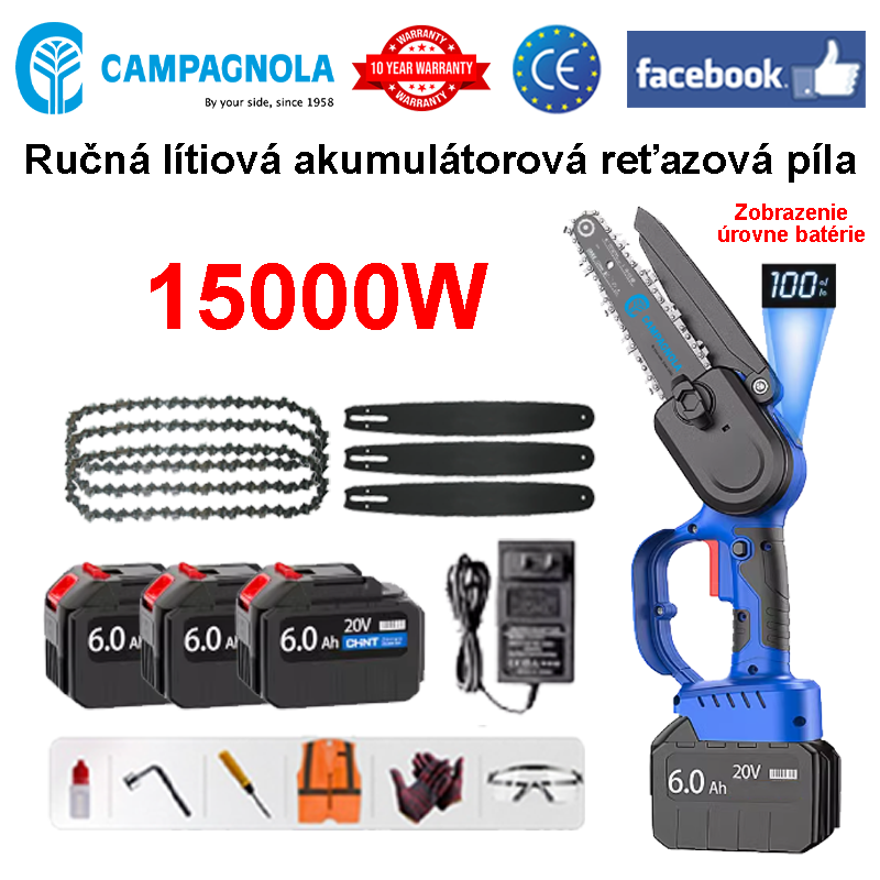 LED displej napájania – (24-hodinová batéria) 15000 W lítiová reťazová píla + batéria *3 + nabíjačka + vodiaca lišta *3 + reťaz *3 + skrinka na náradie + mazivo + ochranné okuliare