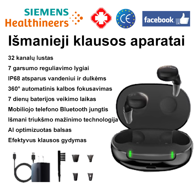 (7 dienos itin ilgas baterijos veikimo laikas) 32 kanalų lustas + 7 lygių garsumo reguliavimas + IP68 atsparus vandeniui ir dulkėms + 360° automatinis balso fokusavimas + mobiliojo telefono jungtis + išmani triukšmo mažinimo technologija + išmanusis balso optimizavimas + efektyvus klausos atkūrimas
