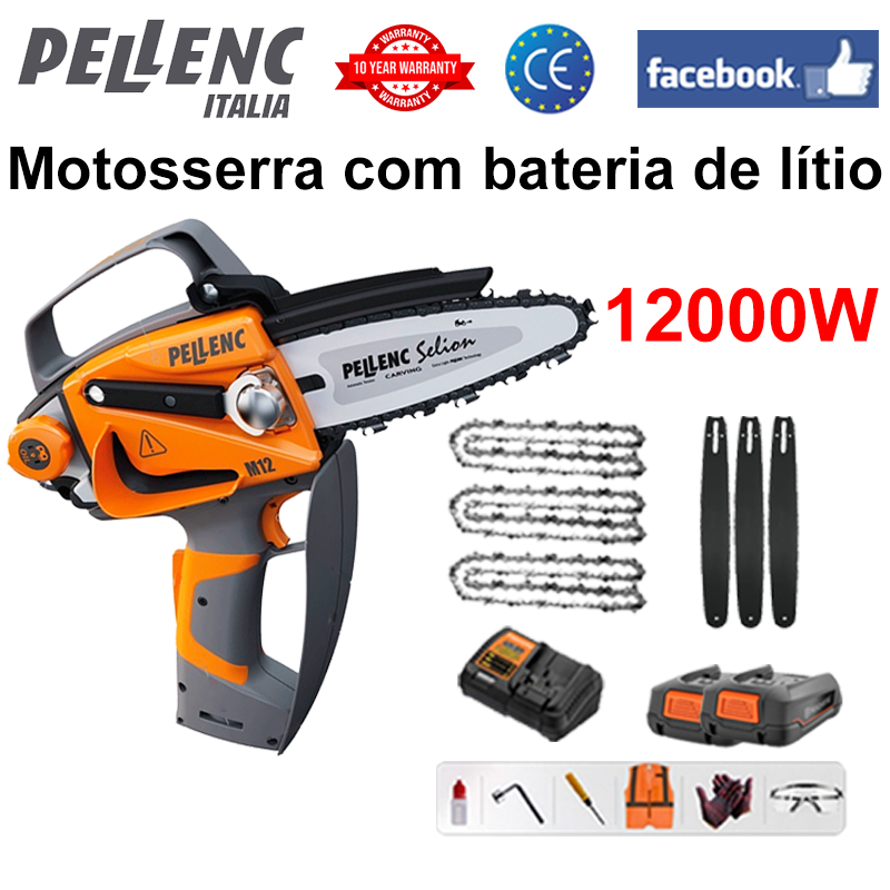 Visor de alimentação LED - (16 horas de autonomia) Motosserra de lítio 12000W + bateria *2 + carregador + barra guia *3 + corrente *3 + caixa de ferramentas + lubrificante + óculos de segurança