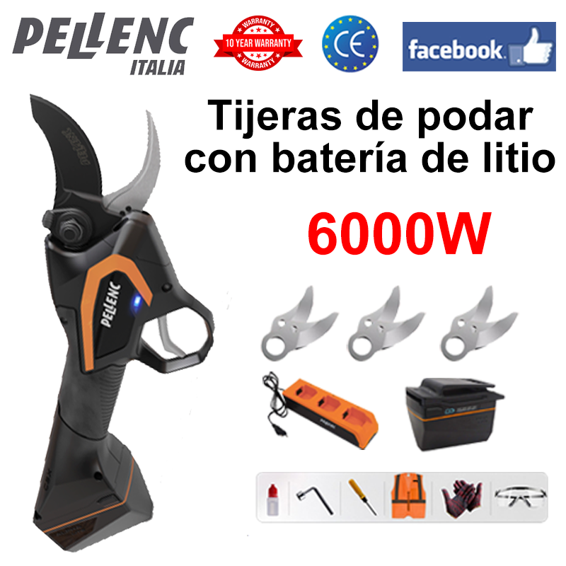 Pantalla LED de potencia (16 horas de duración de la batería) Tijeras de podar con batería de litio Motor sin escobillas de 6000 W + batería * 1 + cargador + cuchillas de aleación SK9 * 3 + aceite lubricante + gafas