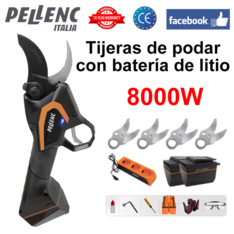 Pantalla LED de potencia (30 horas de duración de la batería) Tijeras de podar a batería de litio Motor sin escobillas de 8000 W + batería * 2 + cargador + cuchillas de aleación SK9 * 4 + aceite lubricante + gafas