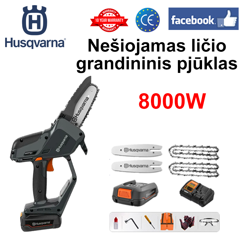(10 valandų akumuliatoriaus veikimo laikas) 8000 W ličio grandininis pjūklas + akumuliatorius *1 + įkroviklis + kreiptuvas *2 + grandinė *2 + įrankių dėžė + tepalas + akinių apsauga, 3 metų garantija