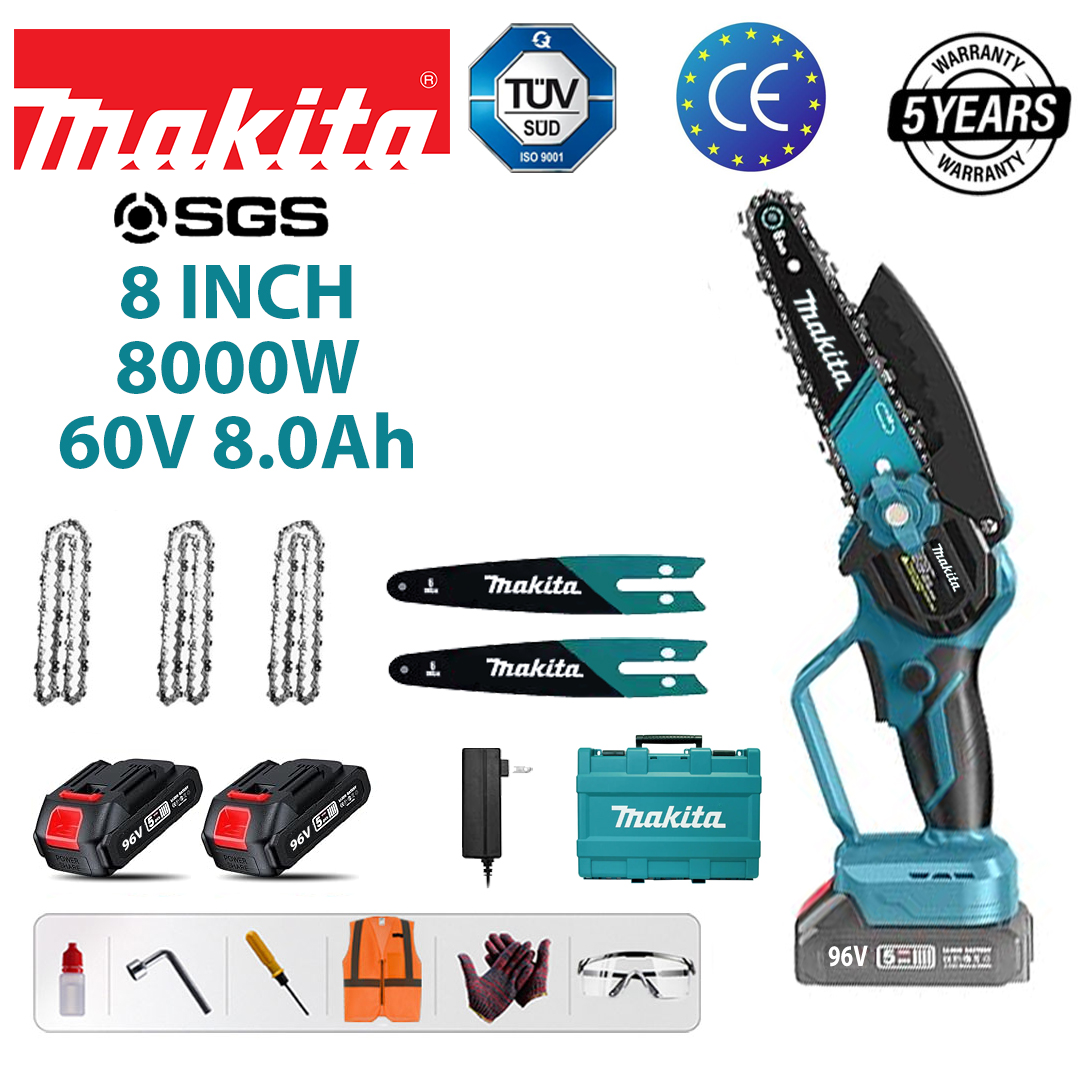 (16 hodín výdrže batérie) 8-palcová 8000W bezuhlíková lítiová reťazová píla + 60V 8,0Ah batéria * 2 + nabíjačka + vodiaca doska * 2 + reťaz * 3 + skrinka na náradie + mazivo + okuliare, päťročná záruka