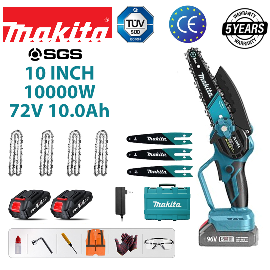 (24 hodín výdrže batérie) 10-palcová 10000W bezuhlíková lítiová reťazová píla + batéria 72V 12,0Ah * 2 + nabíjačka + vodiaca doska * 3 + reťaz * 4 + schránka na uloženie náradia + mazivo + okuliare, päťročná záruka