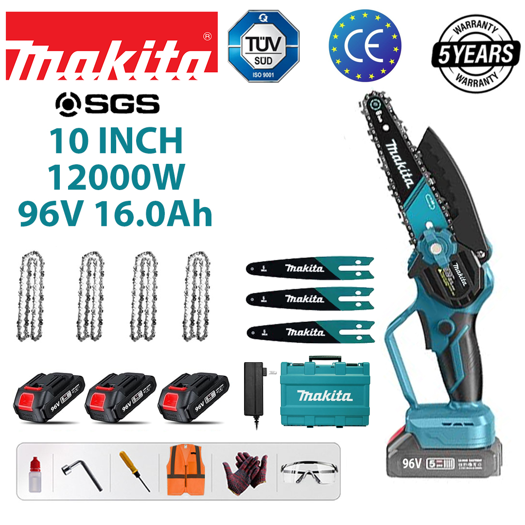 (36 hodín výdrže batérie) 10-palcová 15000W bezuhlíková lítiová reťazová píla + 96V 16,0Ah batéria * 3 + nabíjačka + vodiaca tyč * 3 + reťaz * 4 + skrinka na náradie + mazivo + okuliare, päťročná záruka