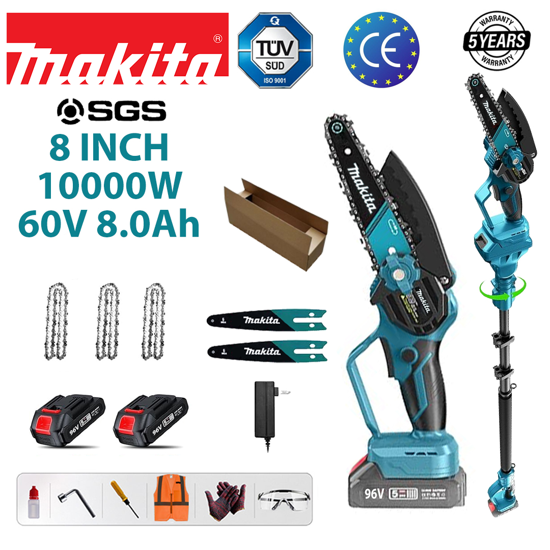 [Sťahovacia 1,2-4,6M] (16 hodín výdrže batérie) 8-palcová 10000W bezuhlíková lítiová reťazová píla + teleskopická tyč + 60V 8,0Ah batéria * 2 + nabíjačka + vodiaca doska * 2 + reťaz * 3 + skrinka na náradie + mazivo + ochranné okuliare, päťročná záruka