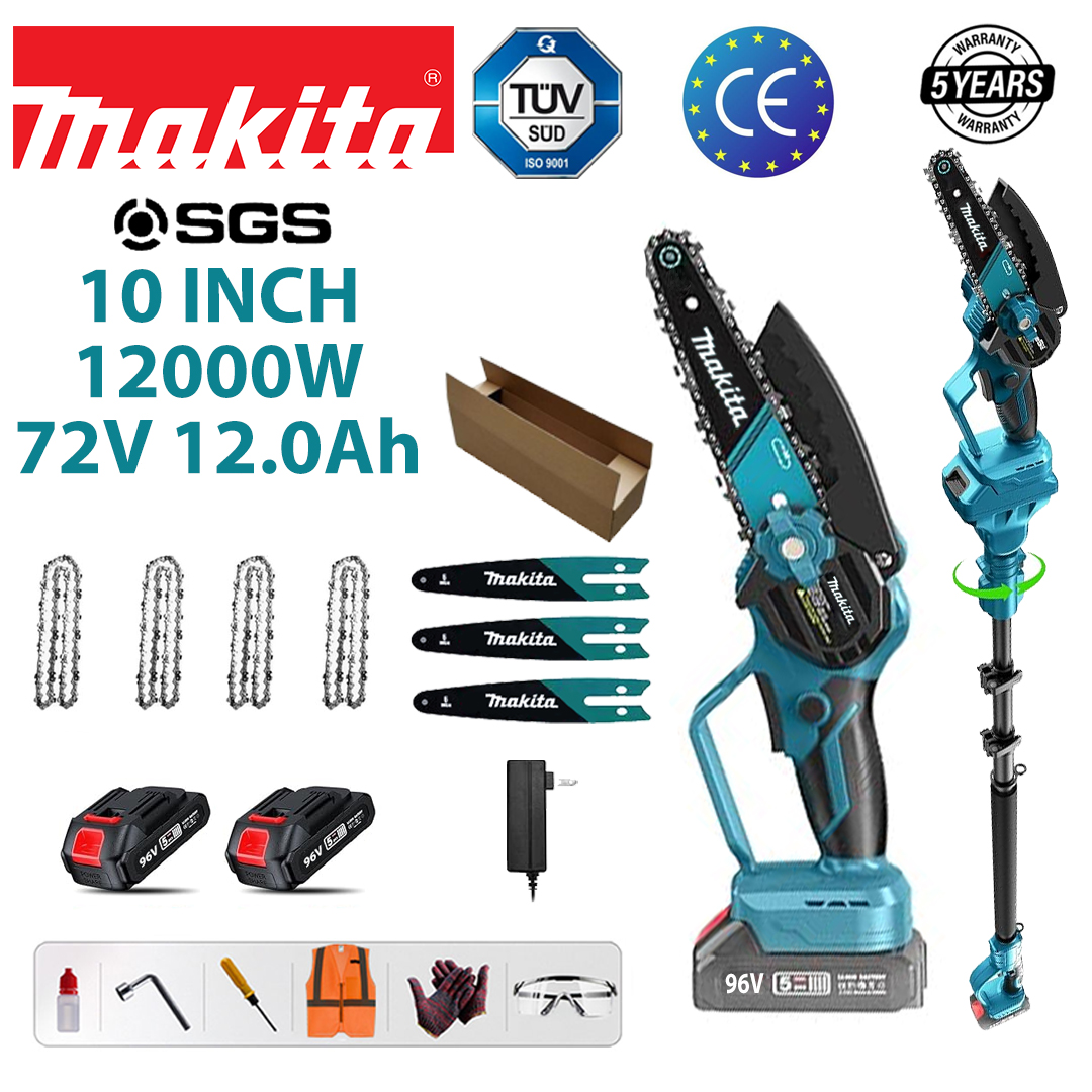 [Sťahovacia 1,2-4,6M] (24 hodín výdrže batérie) 10-palcová 12000W bezuhlíková lítiová reťazová píla + teleskopická tyč + 72V 12,0Ah batéria * 2 + nabíjačka + vodiaca doska * 3 + reťaz * 4 + úložný box na náradie + mazivo + okuliare, päťročná záruka