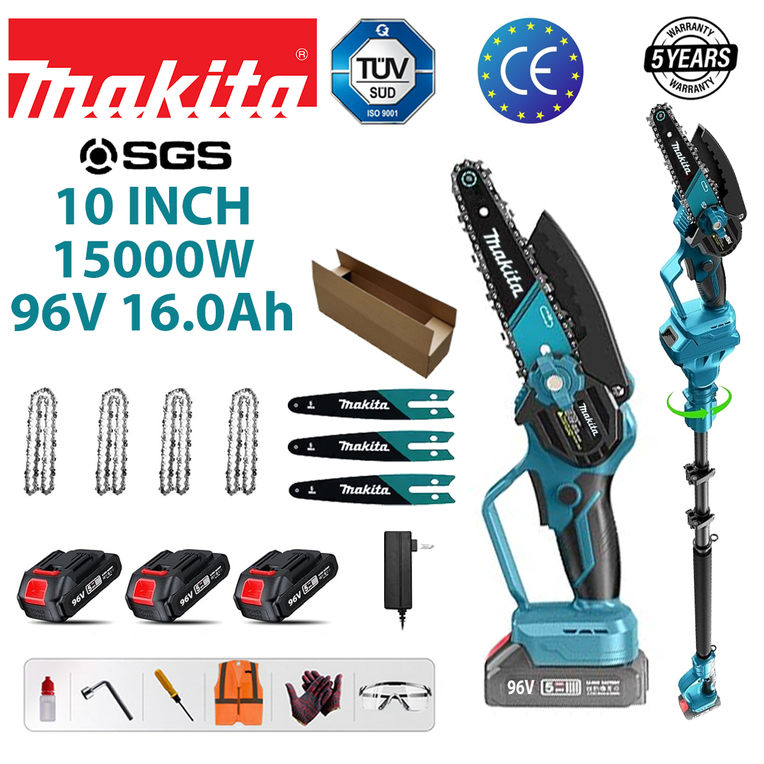 [Sťahovacia 1,2-4,6M] (36 hodín výdrže batérie) 10-palcová 15000W bezuhlíková lítiová reťazová píla + teleskopická tyč + 96V 16,0Ah batéria * 3 + nabíjačka + vodiaca tyč * 3 + reťaz * 4 + skrinka na náradie + mazivo + okuliare, päťročná záruka