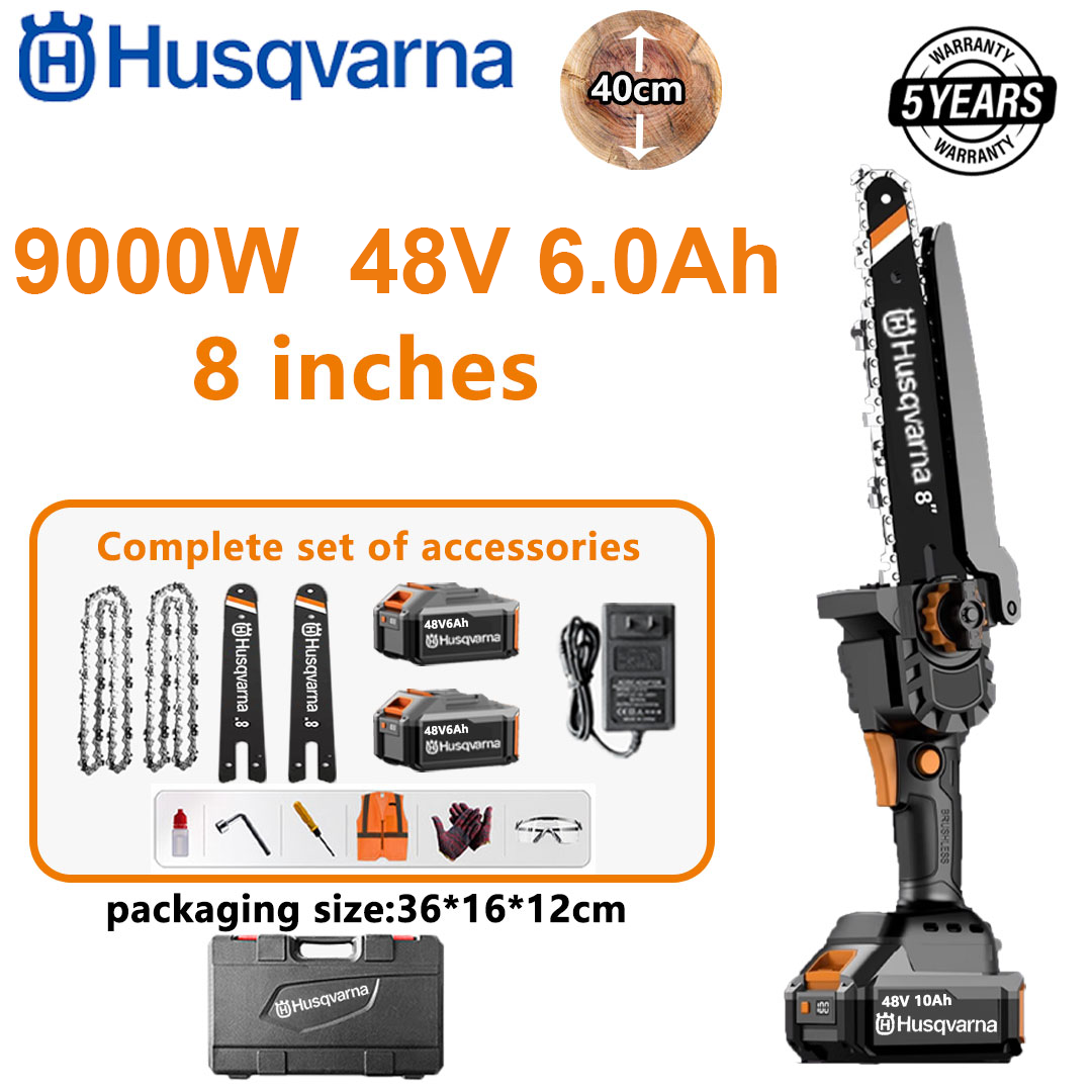 8-Zoll-Elektrosäge, 9000-W-Hochleistungs-Kupfermotor, 48-V-6,0-Ah-Akku*2, Ladegerät, Führungsstange*2, Kette*2, Werkzeugkasten, Schutzschmiermittel, fünf Jahre Garantie