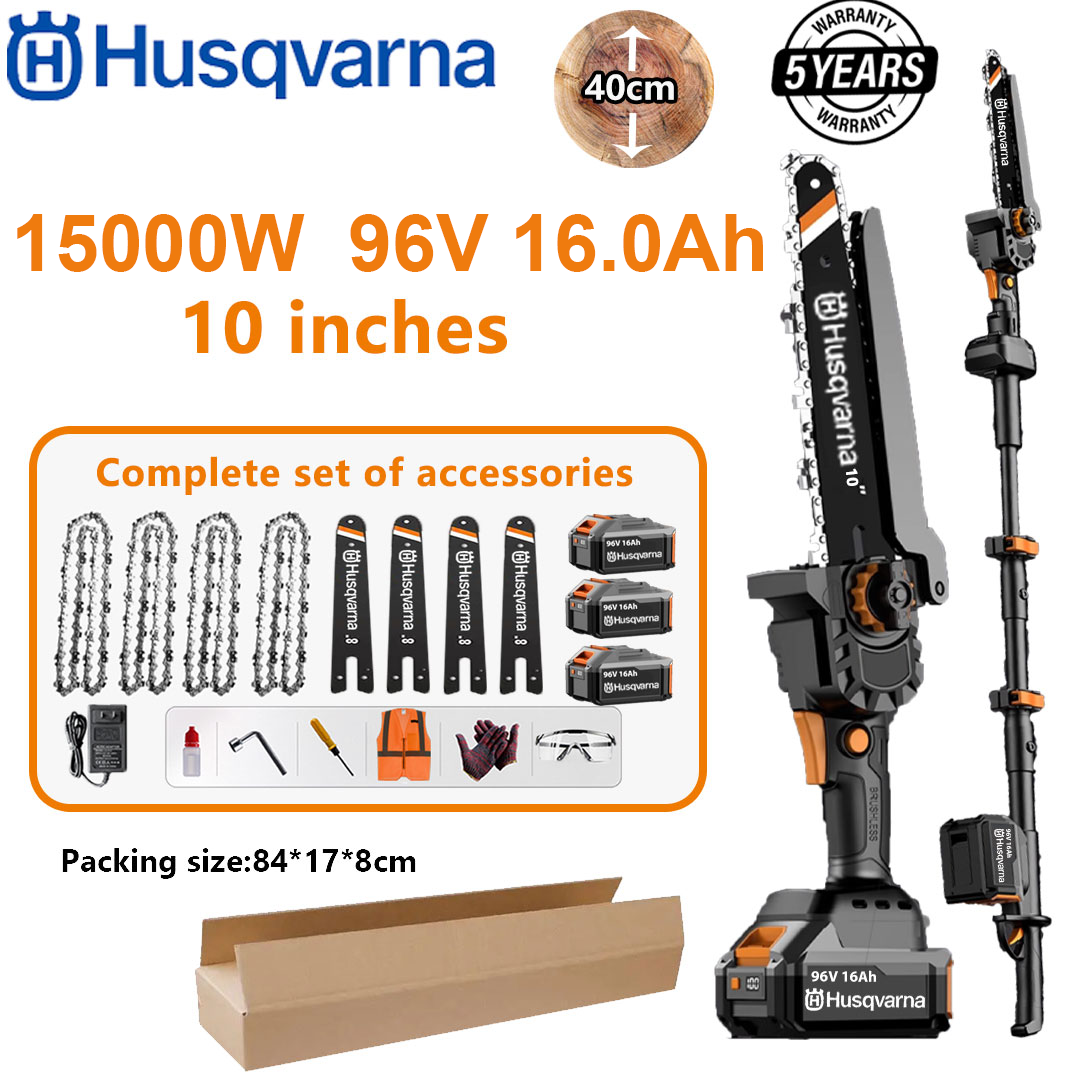 10-Zoll-bürstenlose Elektrosäge + verlängerte Säge, Motor aus reinem Kupfer, Leistung 15000 W, 96 V 16 Ah Akku * 3, Ladegerät, Führungsstange * 4, Kette * 4, Werkzeugkasten, Schmieröl und Schutzbrille, fünf Jahre Garantie