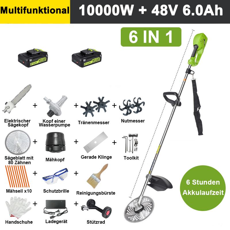 【6 in 1】10000 W, 48 V 6,0 Ah Lithiumbatterie*2, Akkulaufzeit 6 Stunden, Kettensägenkopf, Lockerungsklinge, Grabenklinge, Wasserpumpe, 80-Zahn-Klinge, Mähkopf, Mähseil*10, gerade Klinge, Stützrad, komplettes Zubehörset.