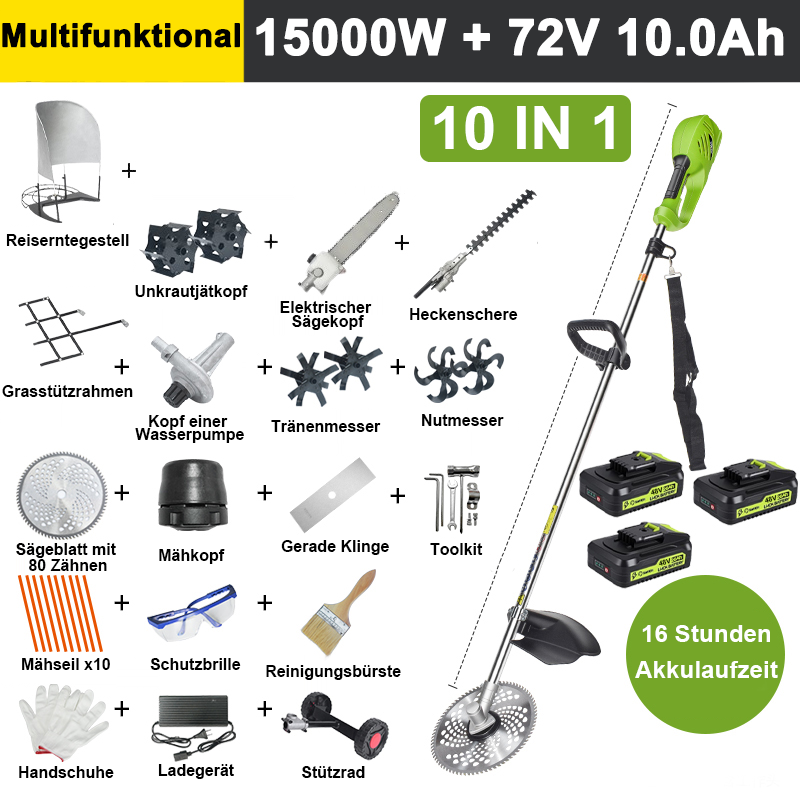 【10 in 1】15000 W, 72 V 10,0 A Lithiumbatterie * 3, Batterielebensdauer 16 Stunden, elektrischer Sägekopf, Grabenmesser, Grabenmesser, Wasserpumpe, 80-Zahn-Klinge, Trimmerkopf, Trimmerseil * 10, gerade Klinge, Stützrad, Rasenstützrahmen, Strohständer, Heckenschere, Unkrautkopf, komplettes Zubehörset