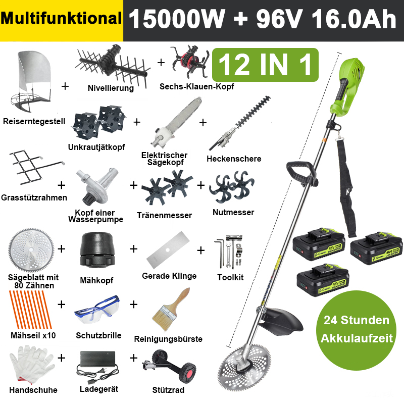 【12 in 1】15000 W, 96 V 16,0 A Lithiumbatterie*3, 24 Stunden Akkulaufzeit, elektrischer Sägekopf, Fräse, Grabenfräse, Wasserpumpe, 80-Zahn-Klinge, Mähkopf, Mähseil*10, gerade Klinge, Stützrad, Rasenstützrahmen, Strohständer, Heckenschere, Unkrautkopf, Sechs-Klauen-Kopf, Nivellierer, komplettes Zubehörset
