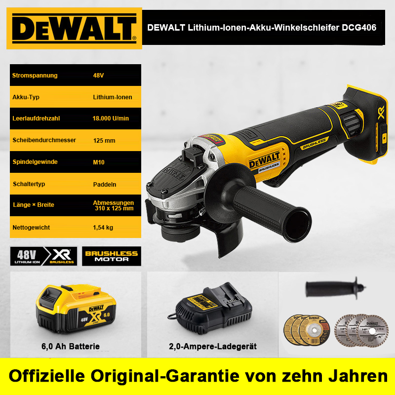 48 V 1600 W Dewalt Winkelschleifer + Li-Ionen-Akku + 18 A Ladegerät