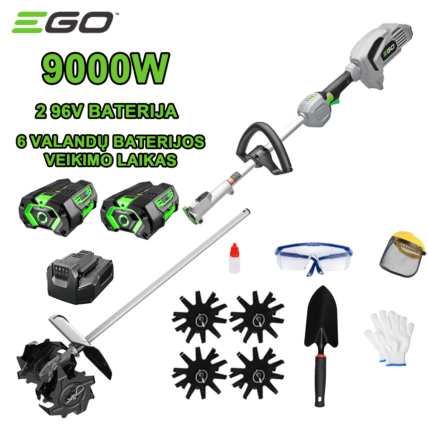 9000W kultivatorius + 96V baterija * 2 + greitas įkrovimas + formavimo peilis + visas priedų rinkinys