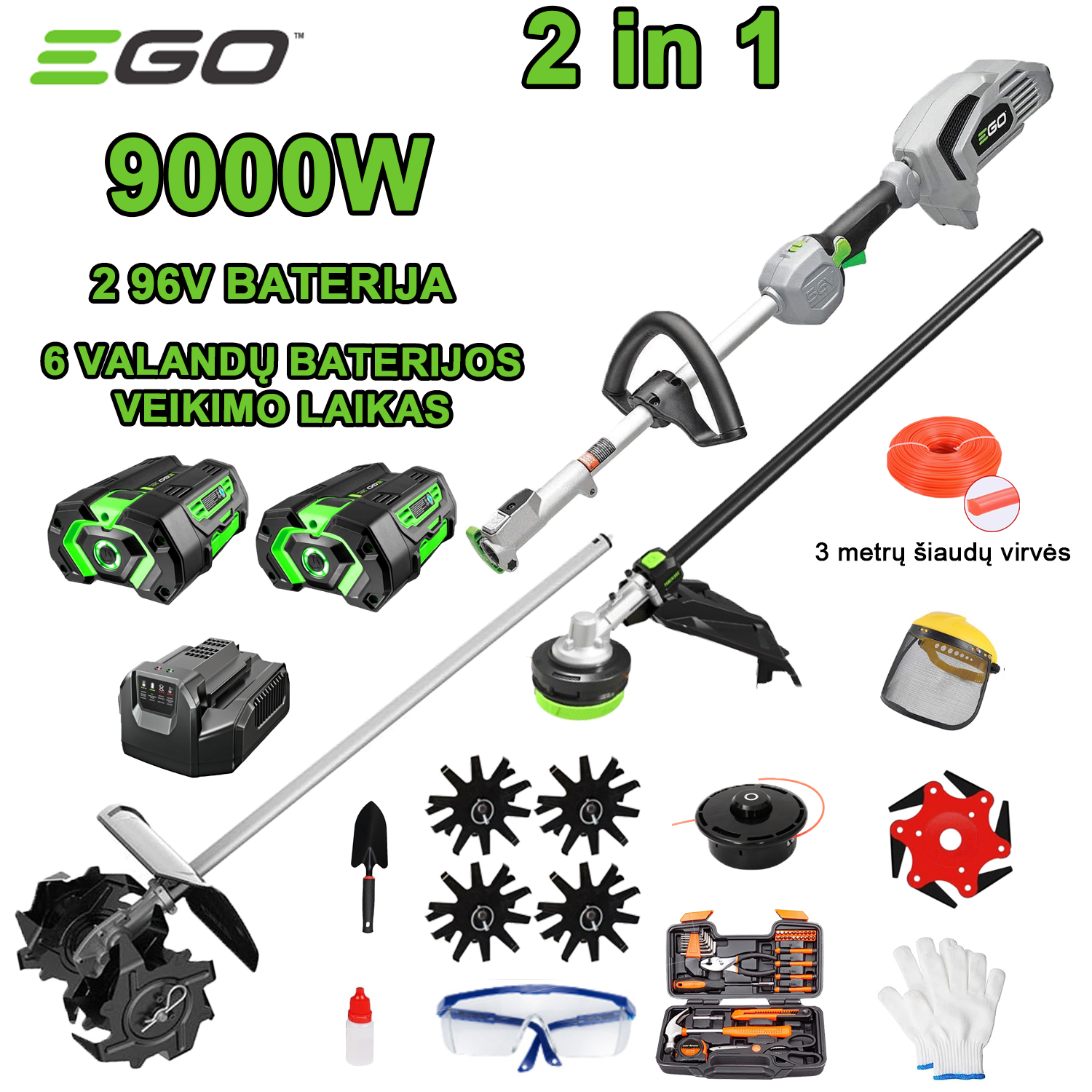 Cultivador 2 en 1 de 9000 W (cortar y arar), batería de 96 V x 2, carga rápida, cuchilla de corte, cabezal de corte, cuchilla de corte y juego completo de accesorios.