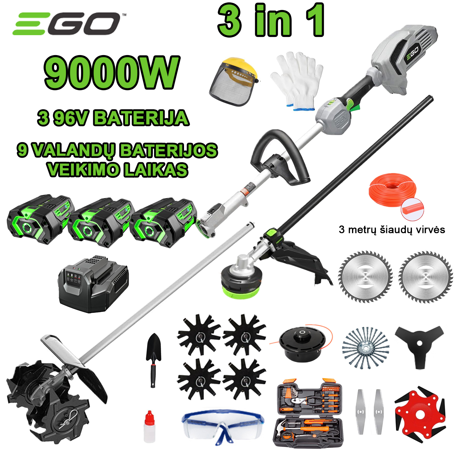 Cultivador tres en uno de 9000W (corte, tala, preparación del terreno, etc.) Batería de 96V * 3 + carga rápida + cuchilla de modelado + cabezal de corte + alambre de corte + hoja de sierra de aleación + cuchilla de corte + cabezal de cepillo + juego completo de accesorios