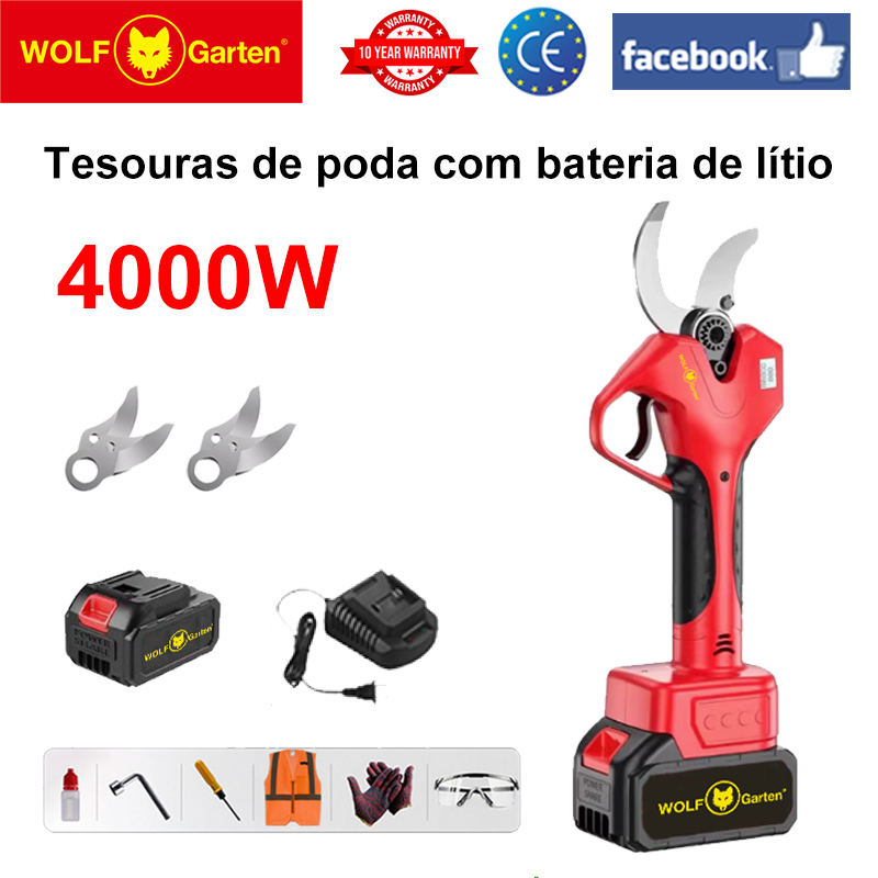 Visor de alimentação LED (16 horas de autonomia da bateria) Tesoura de poda com bateria de lítio Motor sem escovas de 4000 W + bateria * 1 + carregador + lâminas de liga SK9 * 2 + óleo lubrificante + óculos de proteção
