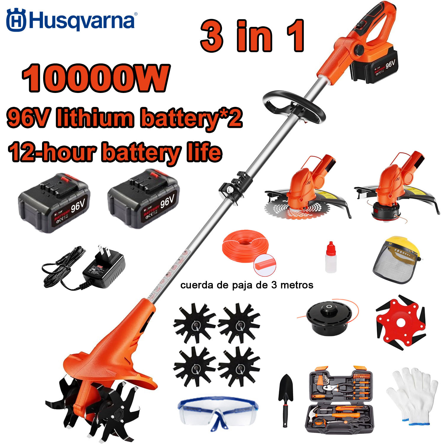 10000W nagy teljesítményű 3 az 1-ben kultivátor (kaszálás, talajművelés, fűnyírás) + 96V akku * 2 + gyorstöltés + kultivátorkés + vágófej + 3m vágókötél * 3 + fűnyíró * 6, + teljes tartozékkészlet