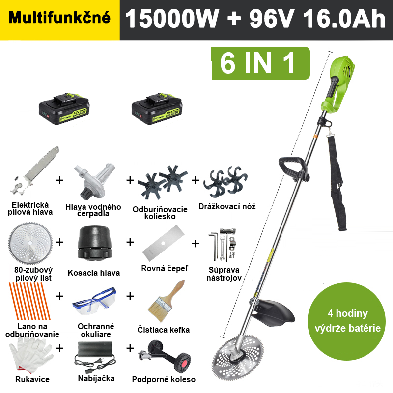 【6 v 1】2500W, 20V 8A lítiová batéria*2, výdrž batérie 4 hodiny, hlava motorovej píly, nôž kultivátora, nôž na kopanie, vodné čerpadlo, 80-zubový nôž, vyžínacia hlava, 10 šnúr do vyžínača, rovná čepeľ, oporné koleso a kompletné príslušenstvo.