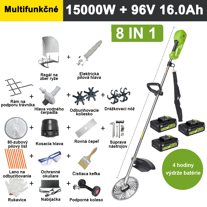 【8 v 1】5000W 36V 10A lítiová batéria * 3, výdrž batérie 4 hodiny, elektrická kosačka na trávu, nôž na orbu, drážkovací nôž, vodné čerpadlo, 80-zubový nôž, kosačka na trávu, 10x kosačka na trávu, rovná čepeľ, oporné koleso, rám na podporu trávnika, stojan na trávu, kompletná sada príslušenstva