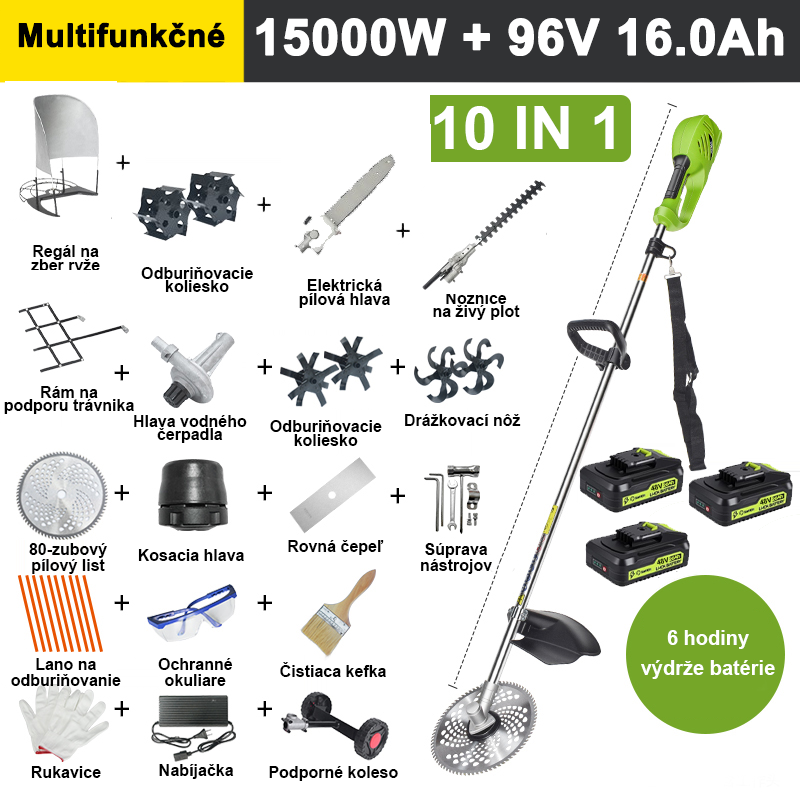 【10 v 1】7000W, 48V 12A lítiová batéria * 3, výdrž batérie 6 hodín, elektrická kosačka na trávu, kultivátor, kultivátor, vodné čerpadlo, 80-zubový nôž, kosačka na trávu, kosačka na trávu * 10, rovná čepeľ, oporné koleso, rám na podporu trávnika, rám na trávu, nožnice na živý plot, hlavica ramena, kompletná sada príslušenstva