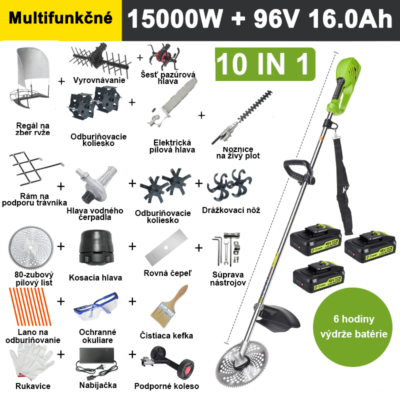 【12 v 1】9000W, 48V 20A lítiová batéria * 3, výdrž batérie 9 hodín, elektrická kosačka na trávu, kultivátor, kultivátor, vodné čerpadlo, 80-zubový nôž, kosačka na trávu, kosačka na trávu * 10, rovná kosačka, oporné koleso, rám na podporu trávnika, stojan na trávu, nožnice na živý plot, odstraňovač buriny, šesťzubová hlava, zarovnávací valec, kompletná sada príslušenstva