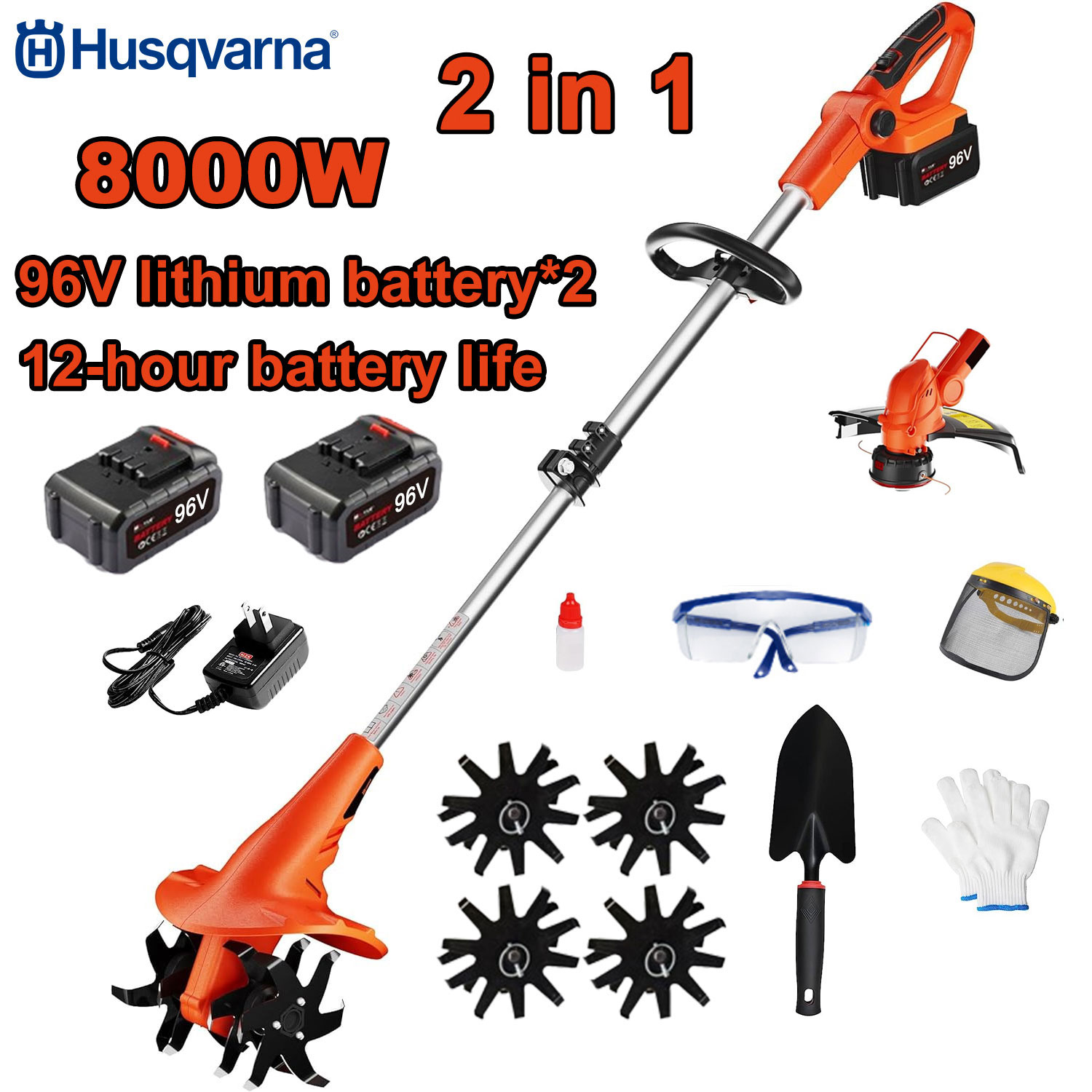 Motosapa electrica 2 in 1 de 10000W + 1 cap de taiere + 2 baterii de 96V + Incarcare rapida + Lama de ras + Accesorii complete