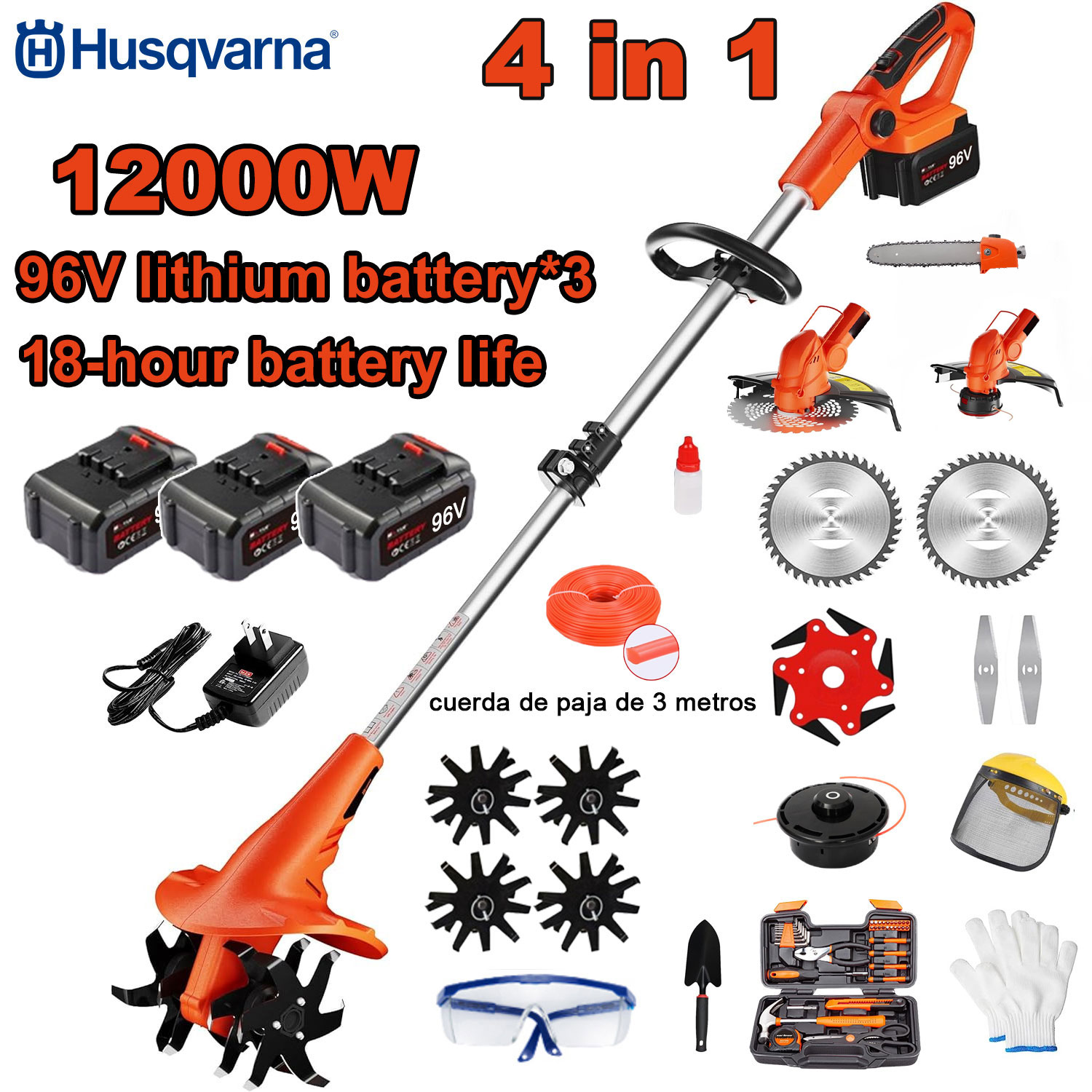 12000W 4-in-1 elektriskais kultivators (pļaušana, koku atzarošana, augsnes apstrāde utt.) 96V akumulators*3+ātrlādētājs+kultivators+griezēja galva+3m griešanas virve*3+leģēta zāģa asmens+asmens*6+taisns asmens+pilns piederumu komplekts