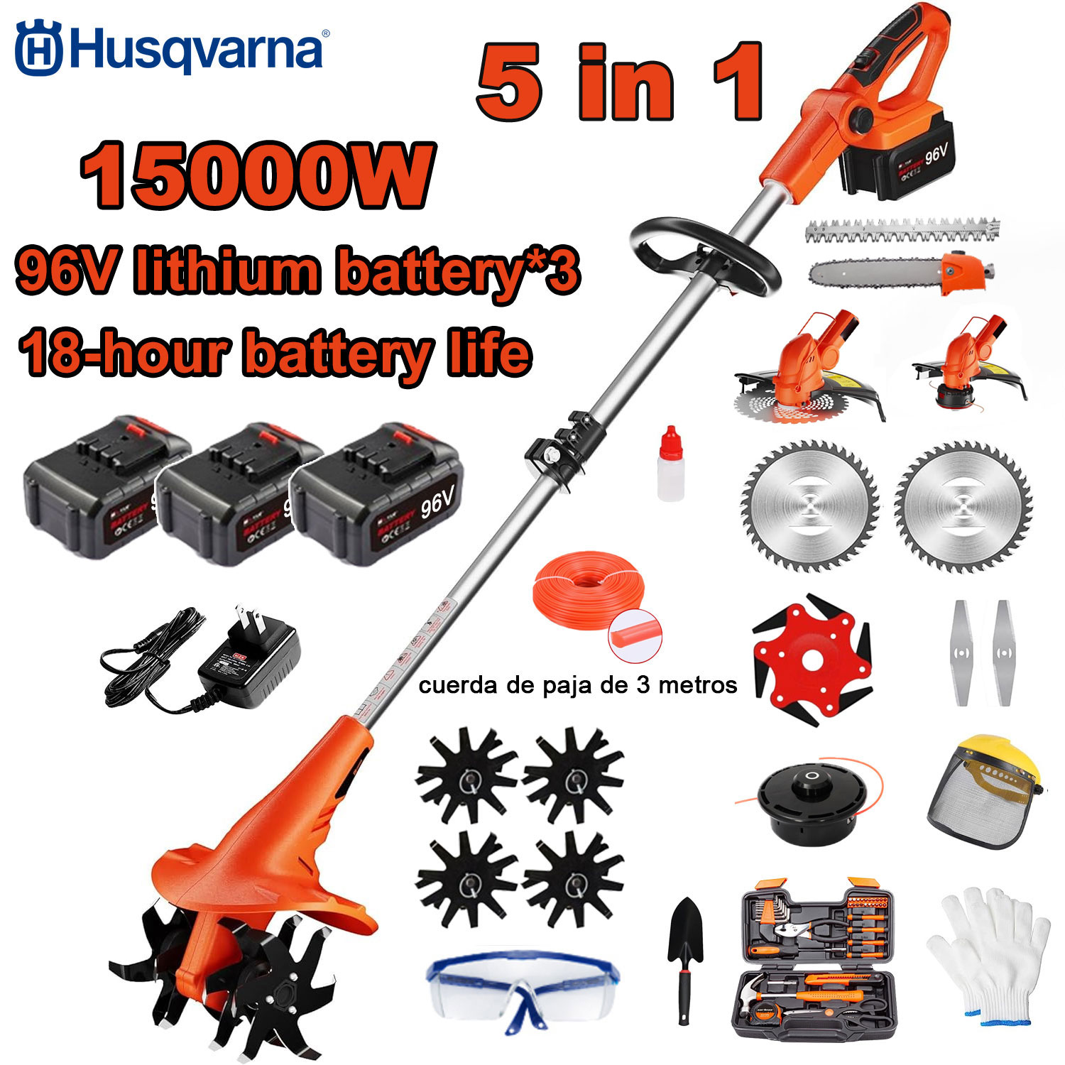 15000W 5-in-1 elektriskais kultivators (pļaušana, koku atzarošana, augsnes apstrāde utt.) 96V akumulators*3+ātrlādētājs+kultivators+griezēja galva+3m griešanas virve*3+leģēta zāģa asmens+asmens*6+taisns asmens+pilns piederumu komplekts