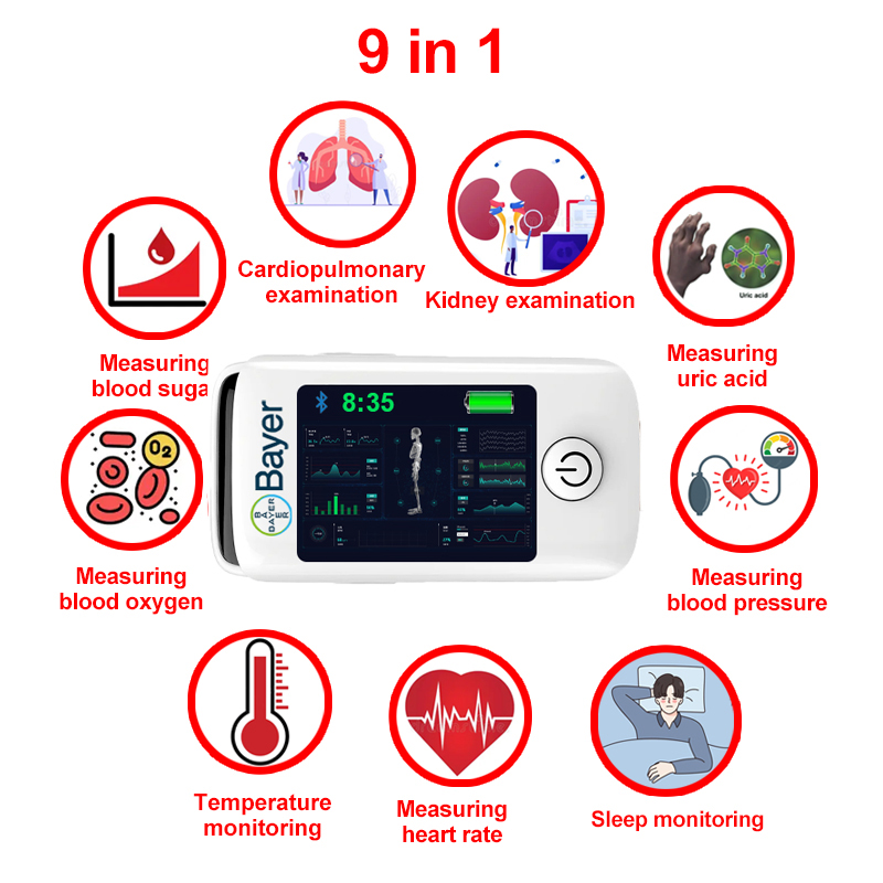 9 în 1 (glicemie neinvazivă + acid uric + oxigen din sânge + frecvența cardiacă + tensiunea arterială + monitorizarea somnului + monitorizarea temperaturii corpului + examen cardiopulmonar + examen renal)