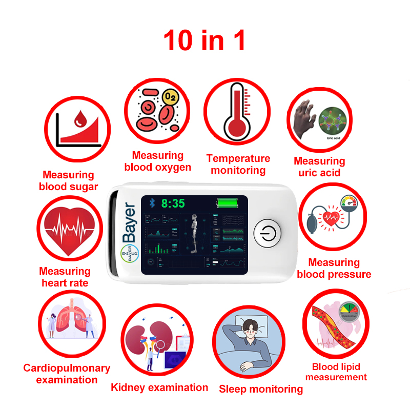 10 în 1 (Măsurarea neinvazivă a glicemiei + acid uric + oxigen din sânge + frecvența cardiacă + tensiunea arterială + monitorizarea somnului + monitorizarea temperaturii corpului + examen cardiopulmonar + examen renal + măsurarea lipidelor din sânge)