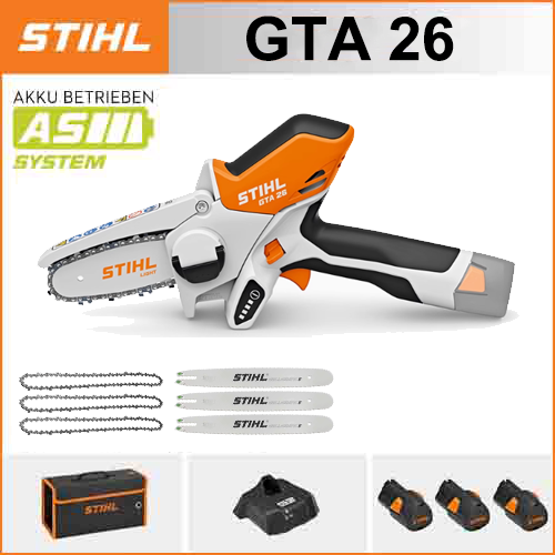STIHL GTA 26*1, batería de litio*3, caja de almacenamiento*1, placa guía*3, cadena*3, cargador*1