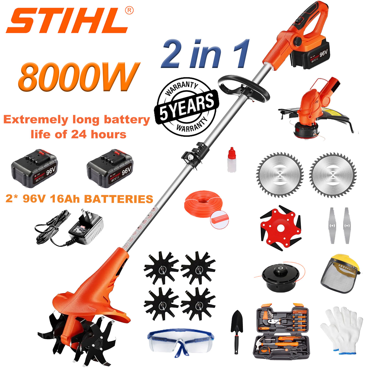 Bateria de lítio de 8000 W + bateria * 2 + carregador rápido * 1 + cabeça de fresagem * 4 + cabeça de corte * 1 + conjunto completo de acessórios