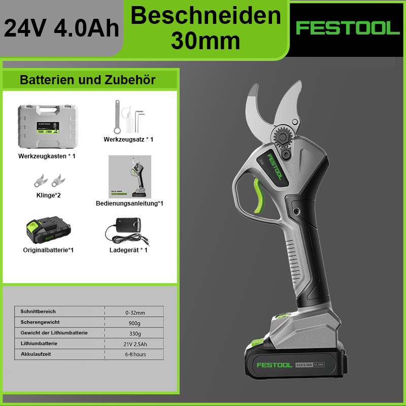 (Sonderangebot) 24V 4.0Ah Gartenschere*1, Lithiumbatterie*1, Werkzeugsatz*1, Klingen*2, Ladegerät*1