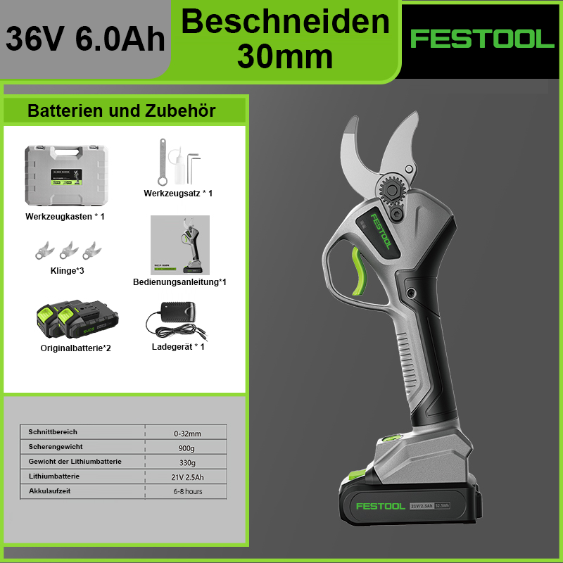 36V 6.0Ah Gartenschere*1, Lithiumbatterien*2, Werkzeugsatz*1, Klingen*3, Ladegerät*1