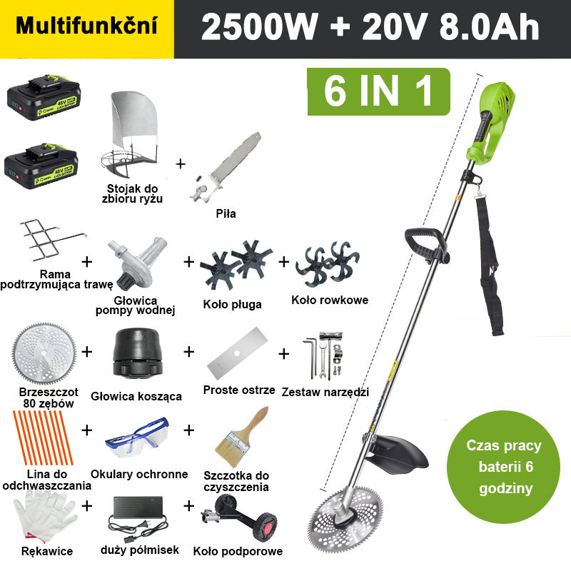 【6 w 1】2500 W, bateria litowa 20 V 8 A*2, 4 godziny pracy na baterii, głowica piły łańcuchowej, ostrze do przerzedzania, ostrze rowkowane, pompa wodna, ostrze 80-zębowe, głowica żyłkowa, przewód żyłkowy żyłkowy*10, ostrze proste, koło podporowe, kompletne akcesoria.