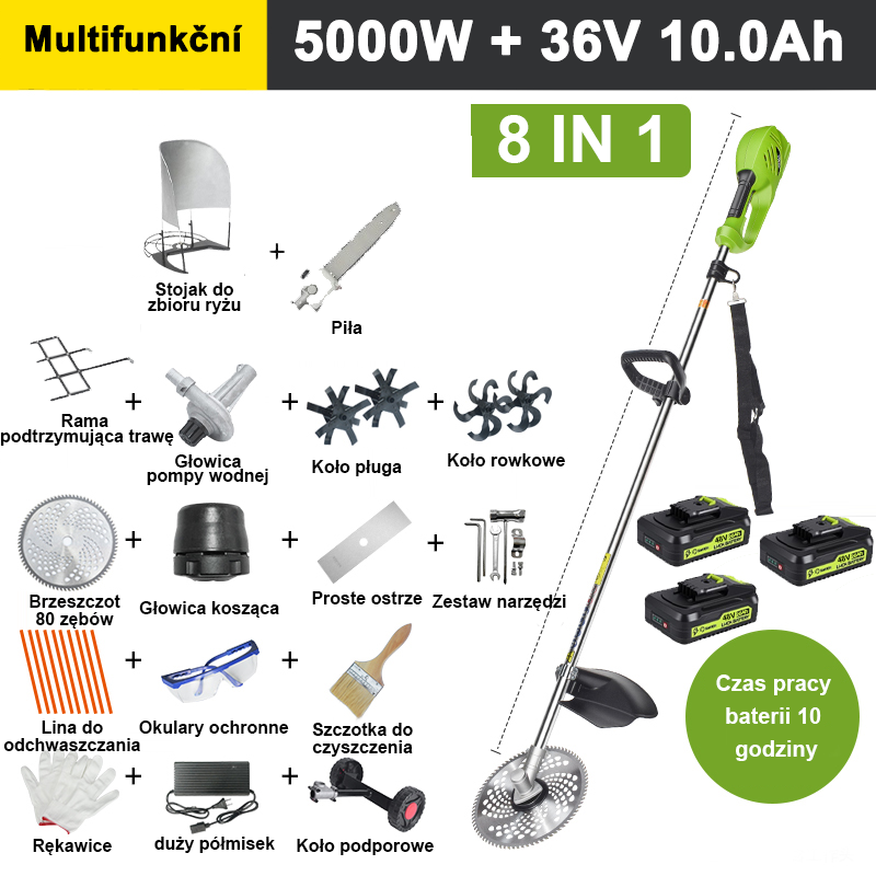 【8 w 1】5000 W 36 V 10 A bateria litowa * 3, czas pracy baterii 4 godziny, głowica piły elektrycznej, nóż do przerzedzania, nóż do rowów, pompa wodna, ostrze 80-zębowe, głowica kosząca, linka do koszenia * 10, proste ostrze, koło podporowe, rama podtrzymująca trawnik, pełny zestaw akcesoriów