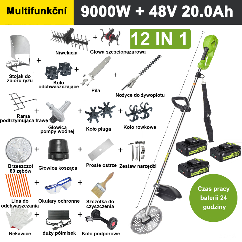 【12 w 1】9000 W, 48 V 20 A bateria litowa * 3, czas pracy baterii 9 godzin, głowica piły elektrycznej, przecinarka, koparka do rowów, pompa wodna, ostrze 80-zębowe, głowica kosiarki, linka kosiarki * 10, proste ostrze, koło podporowe, rama podtrzymująca trawnik, uchwyt kosiarki, głowica trymera, akcesoria do pazurów do trawy