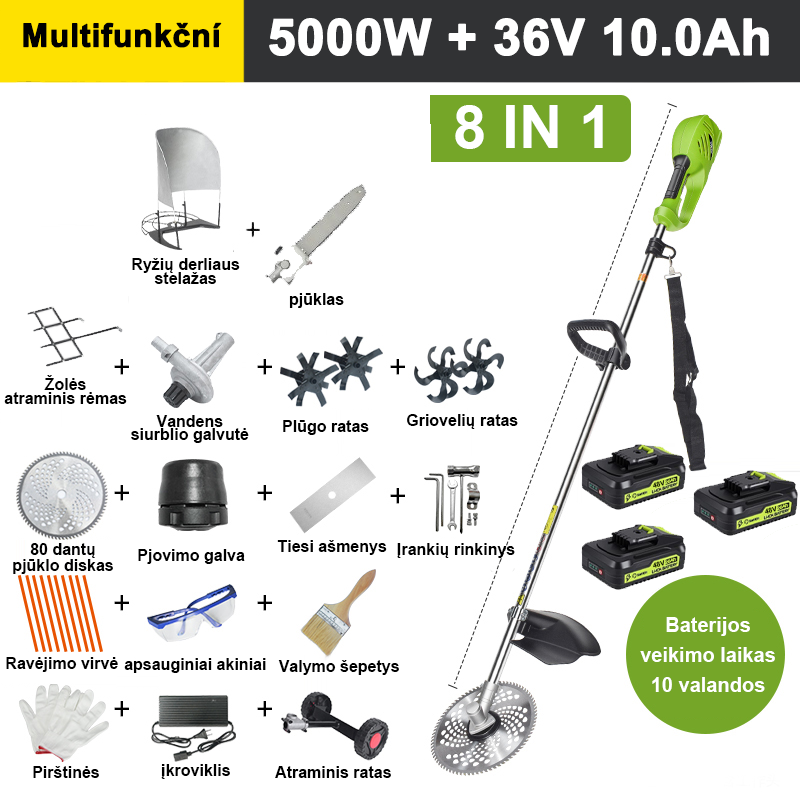 【8 viename】 5000 W 36 V 10 A ličio baterija * 3, baterijos veikimo laikas 4 valandos, elektrinė vejapjovė, žemės dirbimo peilis, pjovimo peilis, vandens siurblys, 80 dantų peilis, vejapjovė, 10 dalių. Vejapjovė, tiesus peilis, atraminis ratas, vejos atraminis rėmas, žolės stovas, pilnas priedų komplektas