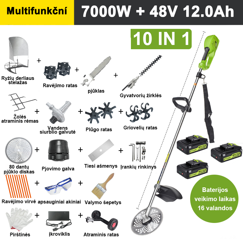 【10 viename】7000 W, 48 V 12 A ličio baterija * 3, baterijos veikimo laikas 6 valandos, elektrinė vejapjovė, kultivatorius, kultivatorius, vandens siurblys, 80 dantų peilis, vejapjovė, vejapjovė * 10, tiesus peilis, atraminis ratas, vejos atraminis rėmas, žolės rėmas, gyvatvorių žirklės, yra po ranka, pilnas priedų rinkinys