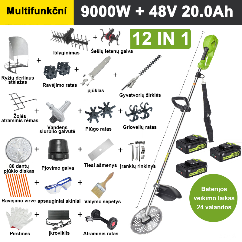 【12 viename】9000 W, 48 V 20 A ličio baterija * 3, baterijos veikimo laikas 9 valandos, elektrinė vejapjovė, kultivatorius, freza, vandens pompa, 80 dantų peilis, vejapjovė, pjovimo linija * 10, tiesi vejapjovė, atraminis ratas, vejos atraminis rėmas, žolės stovas, gyvatvorių žirklės, raviklis, šešių dantų galvutė, lyginimo volelis, pilnas priedų rinkinys